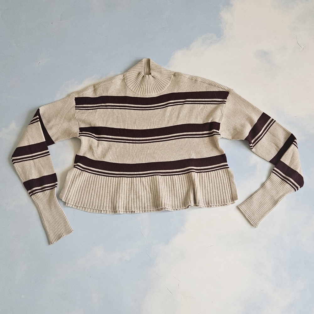 Turtleneck Sweater Cream & Burgundy Stripe Cropped Turtleneck Sweater Cute